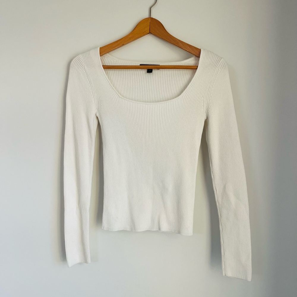Banana Republic White Rib Square Neck Knit Sweater XS Stretch Layering